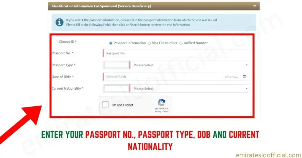 Enter Your Passport No., Passport type, DOB and Current Nationality