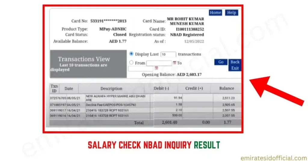 Salary Check NBAD Inquiry Result